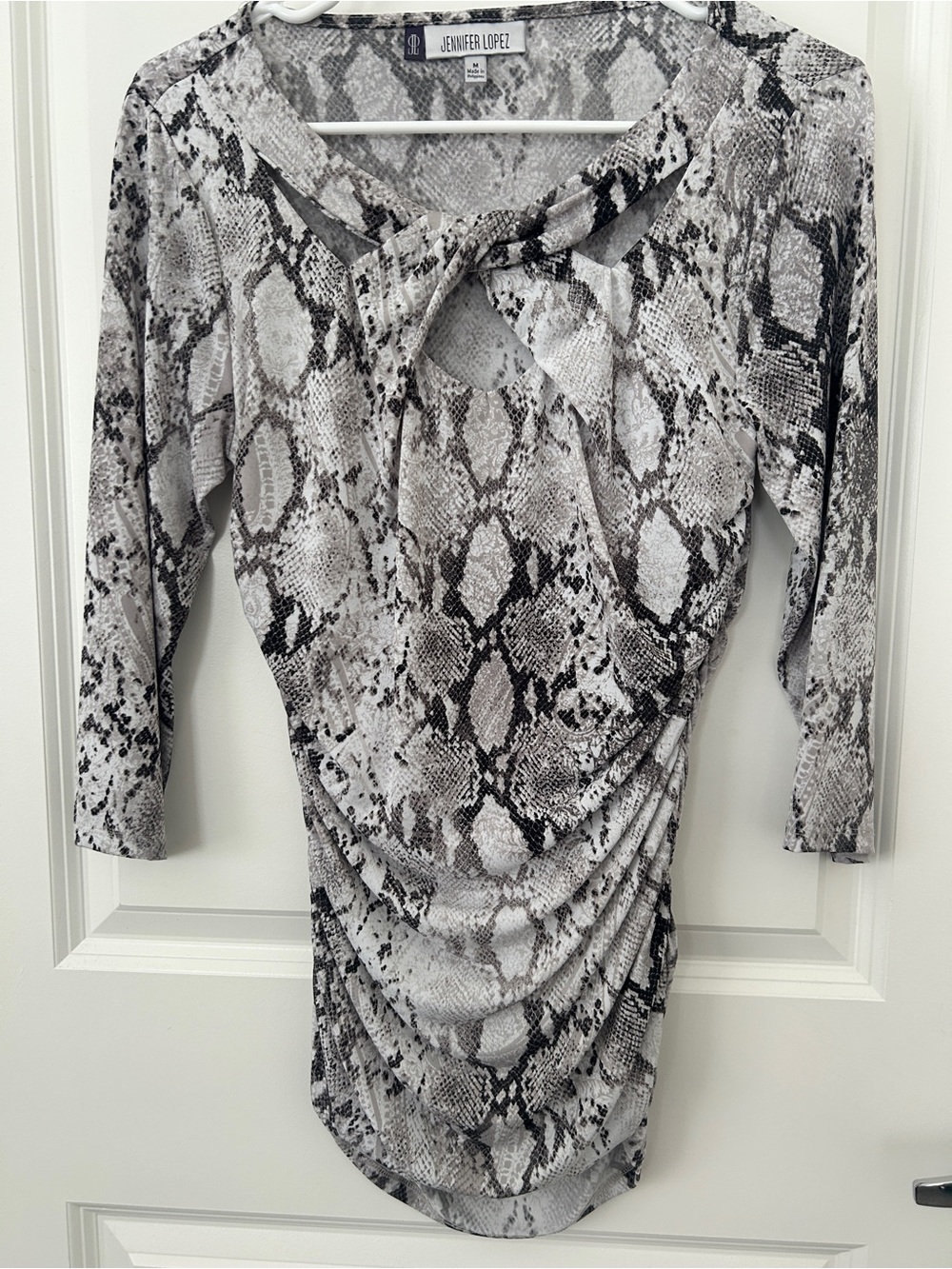 Jennifer Lopez Gray Snake-Print Draped Keyhole Tunic
